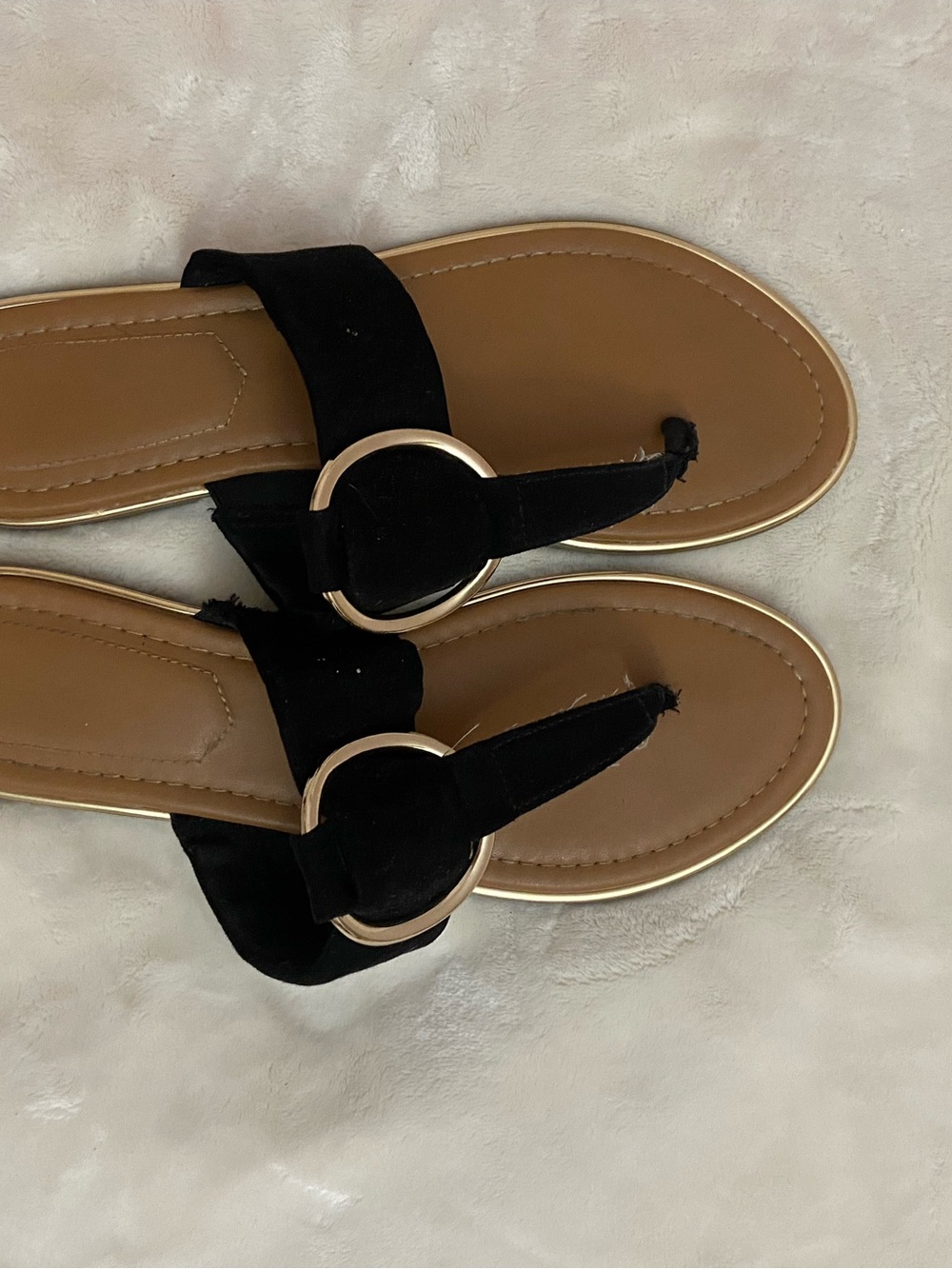 Target Black Suede Thong Sandals with Gold Ring Accent